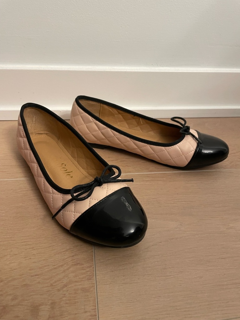 FRENCH SOLE Amelie Pink Quilted Black Patent Toe Leather Ballet Flat